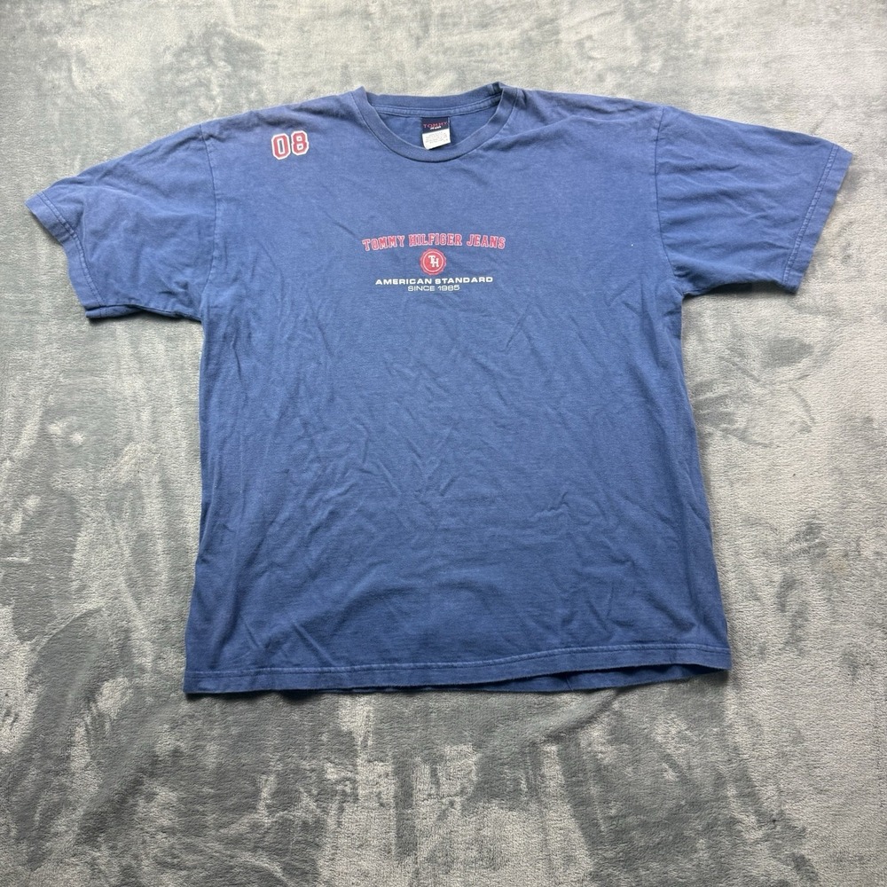 Vintage Tommy Hilfiger Men's Large Blue American Classics T-Shirt Spell Out Logo